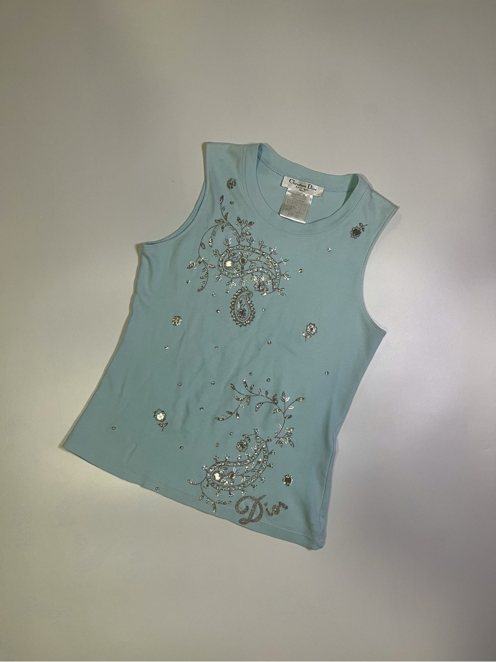 vintage christian dior teal blue embroidered beaded paisley tank